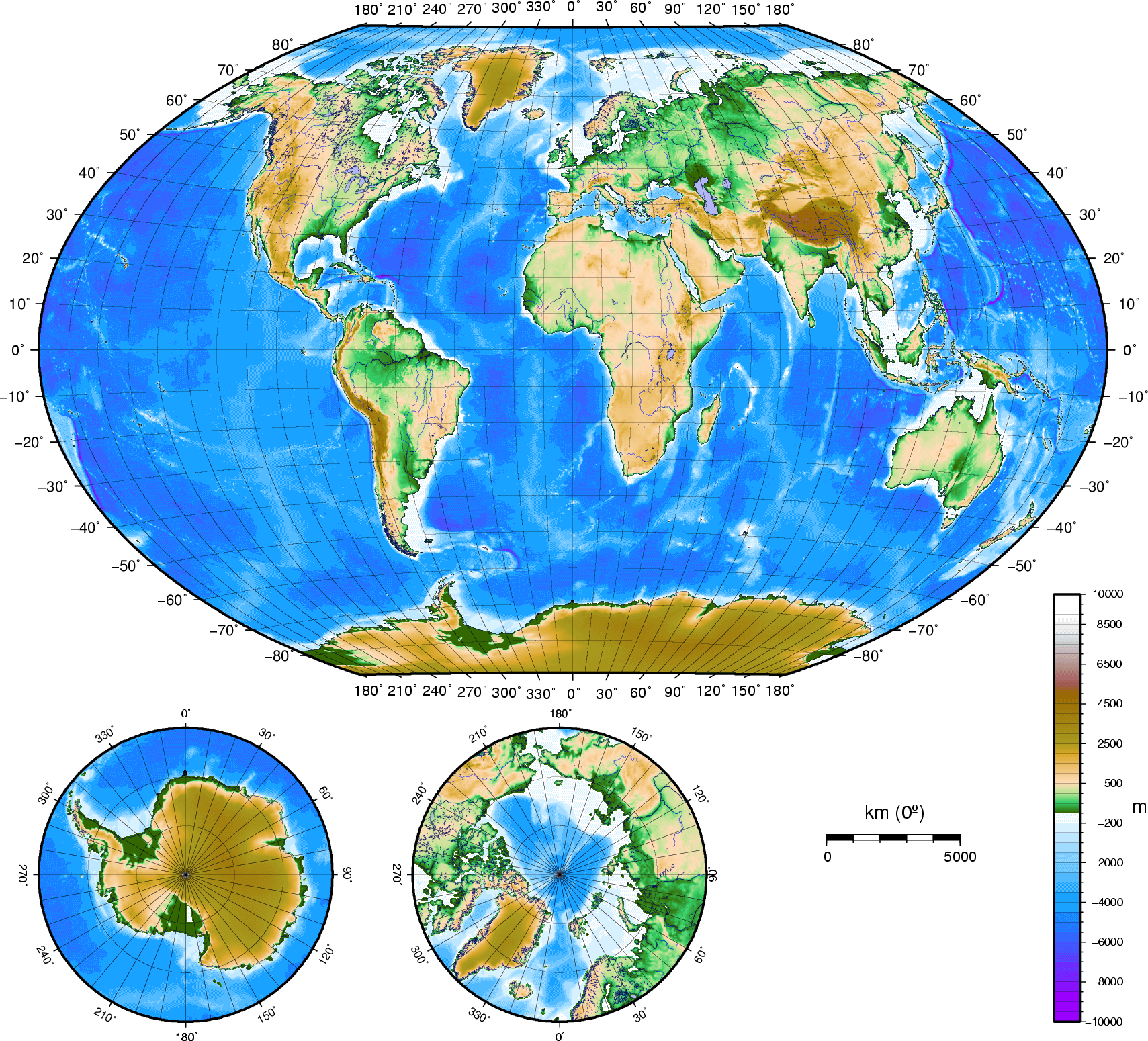 Carte physique du Monde avec topographie