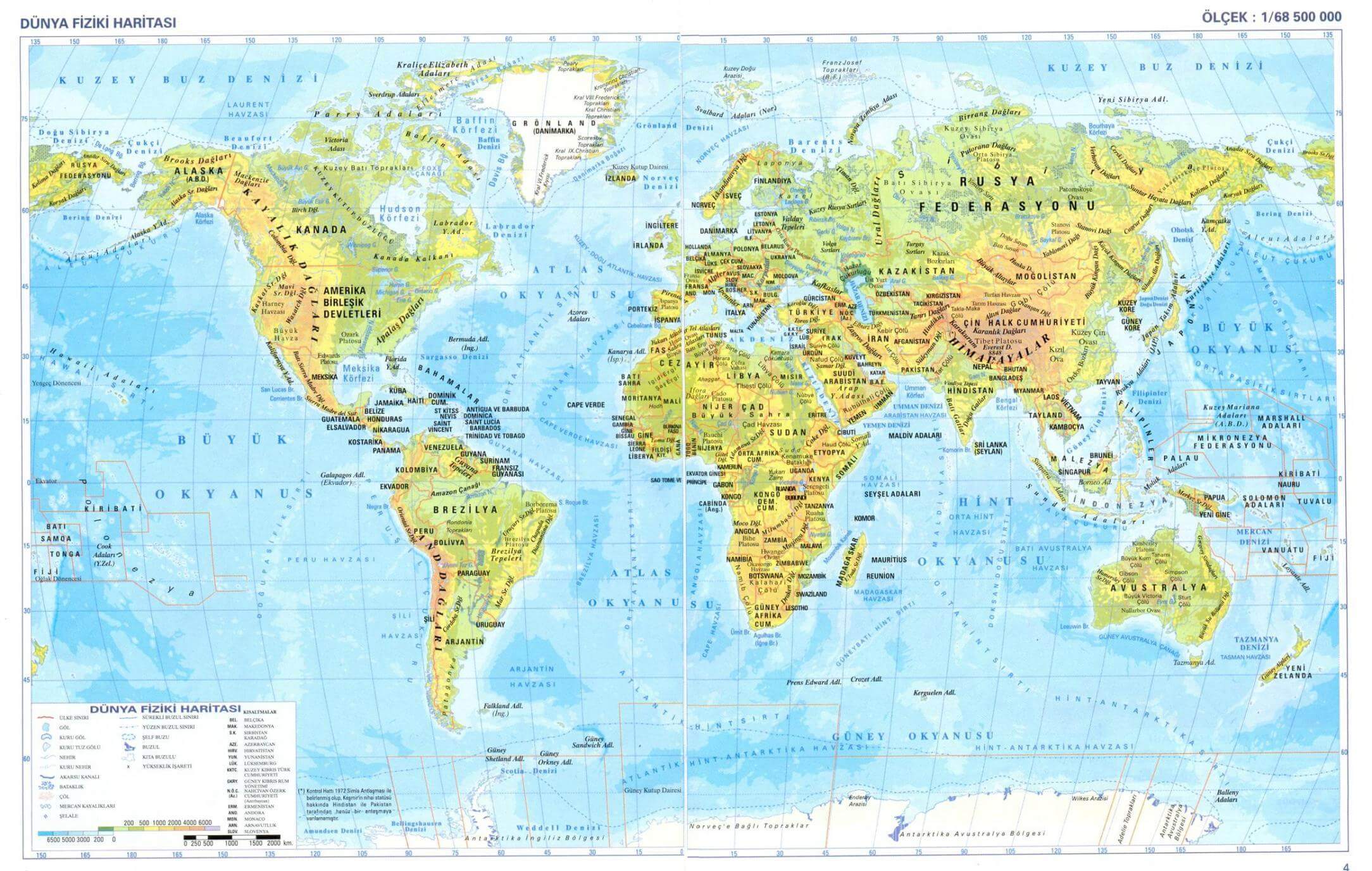 Carte physique du Monde en Turc