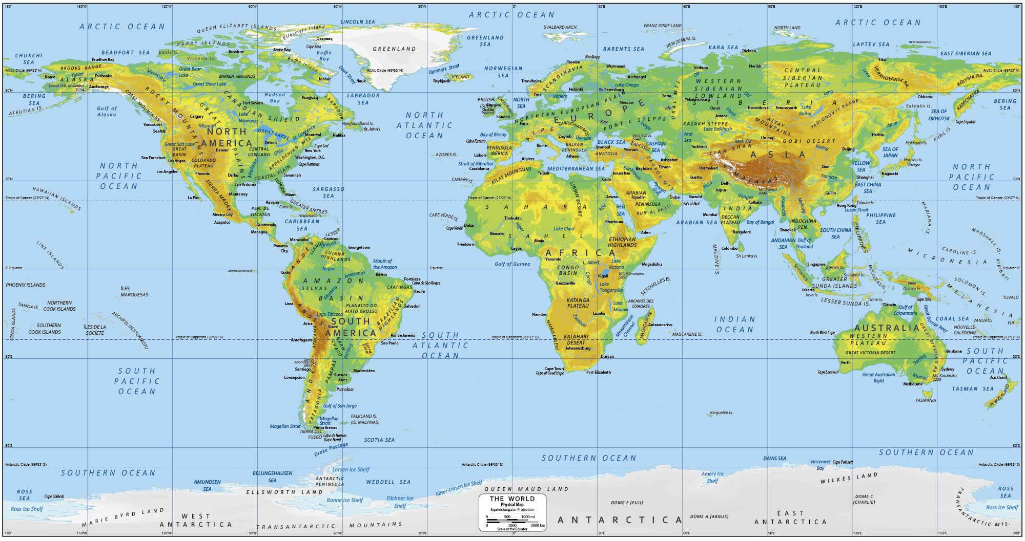 Carte physique du Monde et pays
