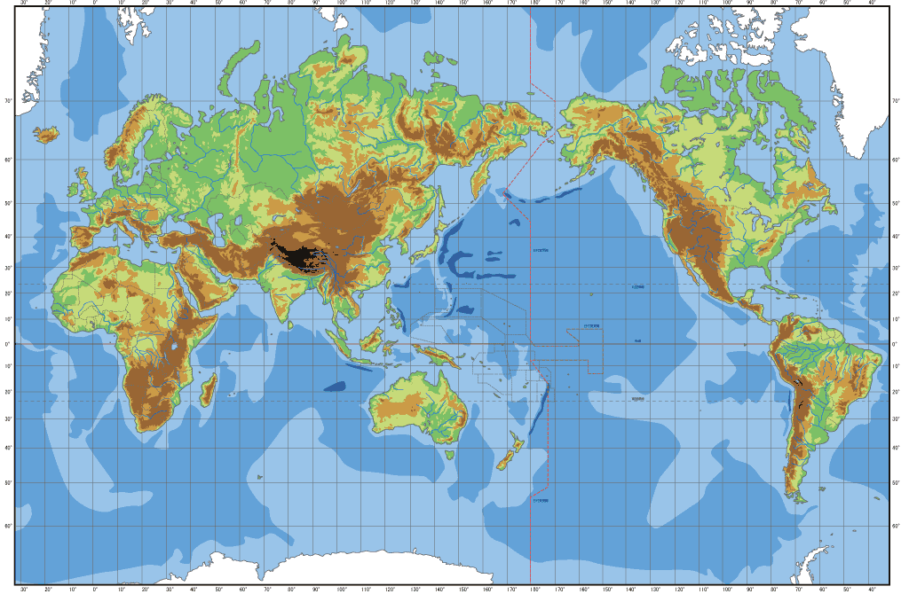 Carte physique du Monde vierge centree sur le pacifique