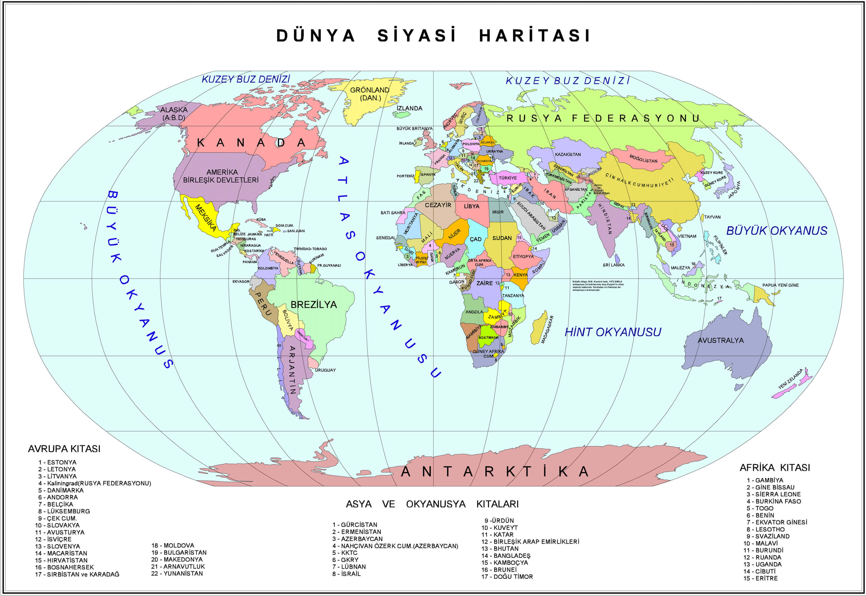 Carte politique du Monde avec continent europe en turc