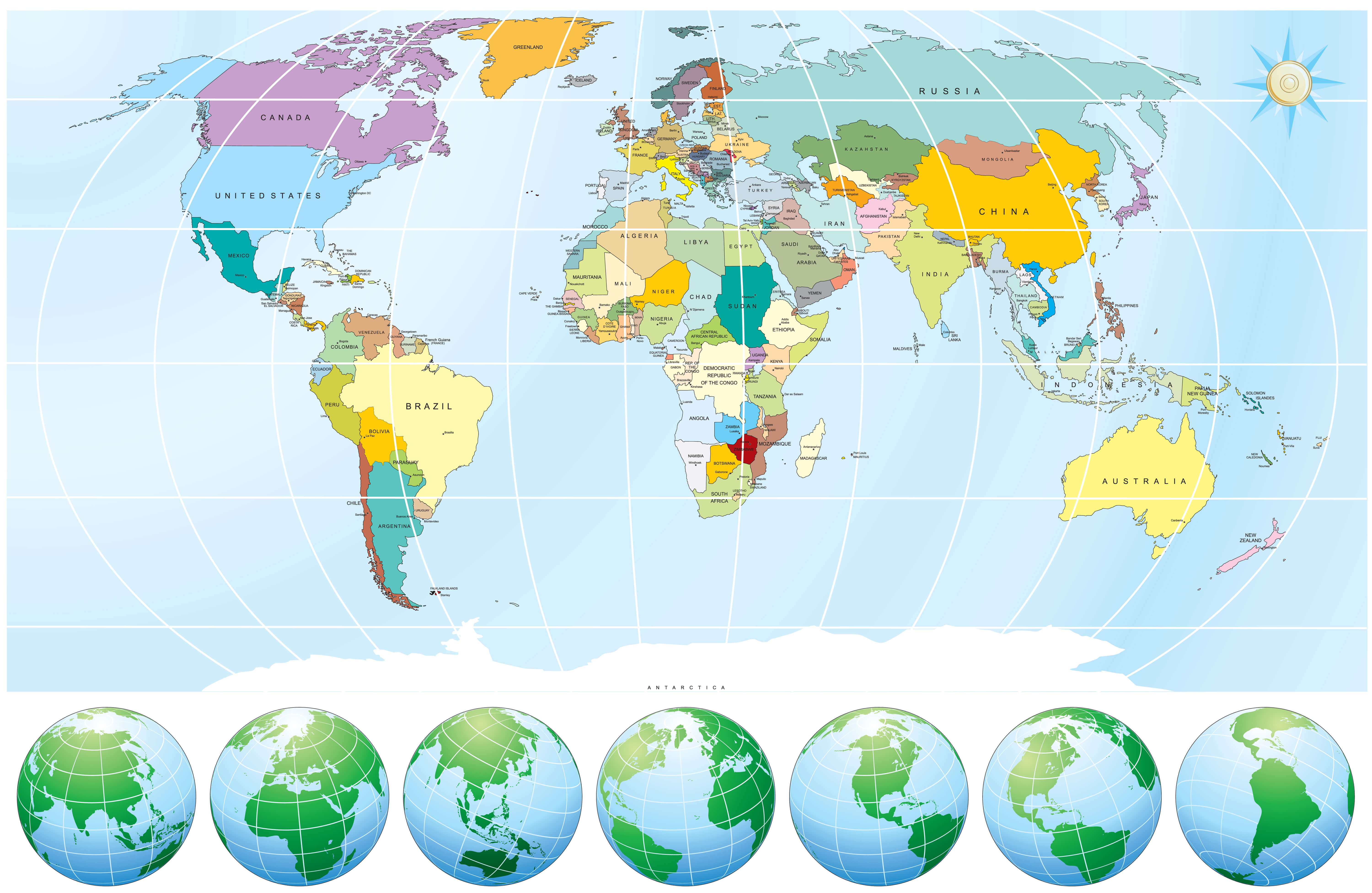 Carte politique du Monde avec longitude et latitude