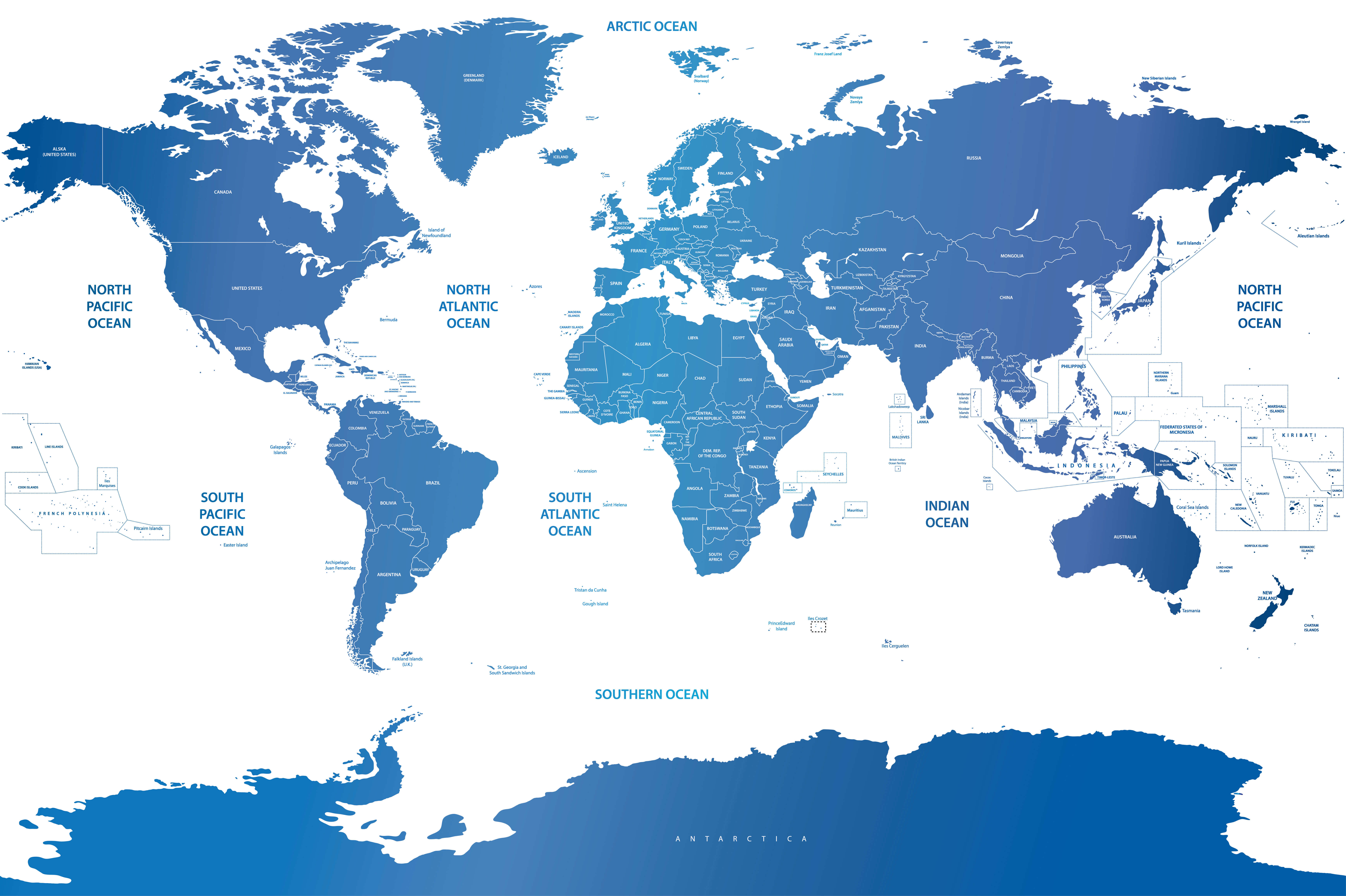 Carte politique du Monde avec ocean Arctique et Ocean Austral
