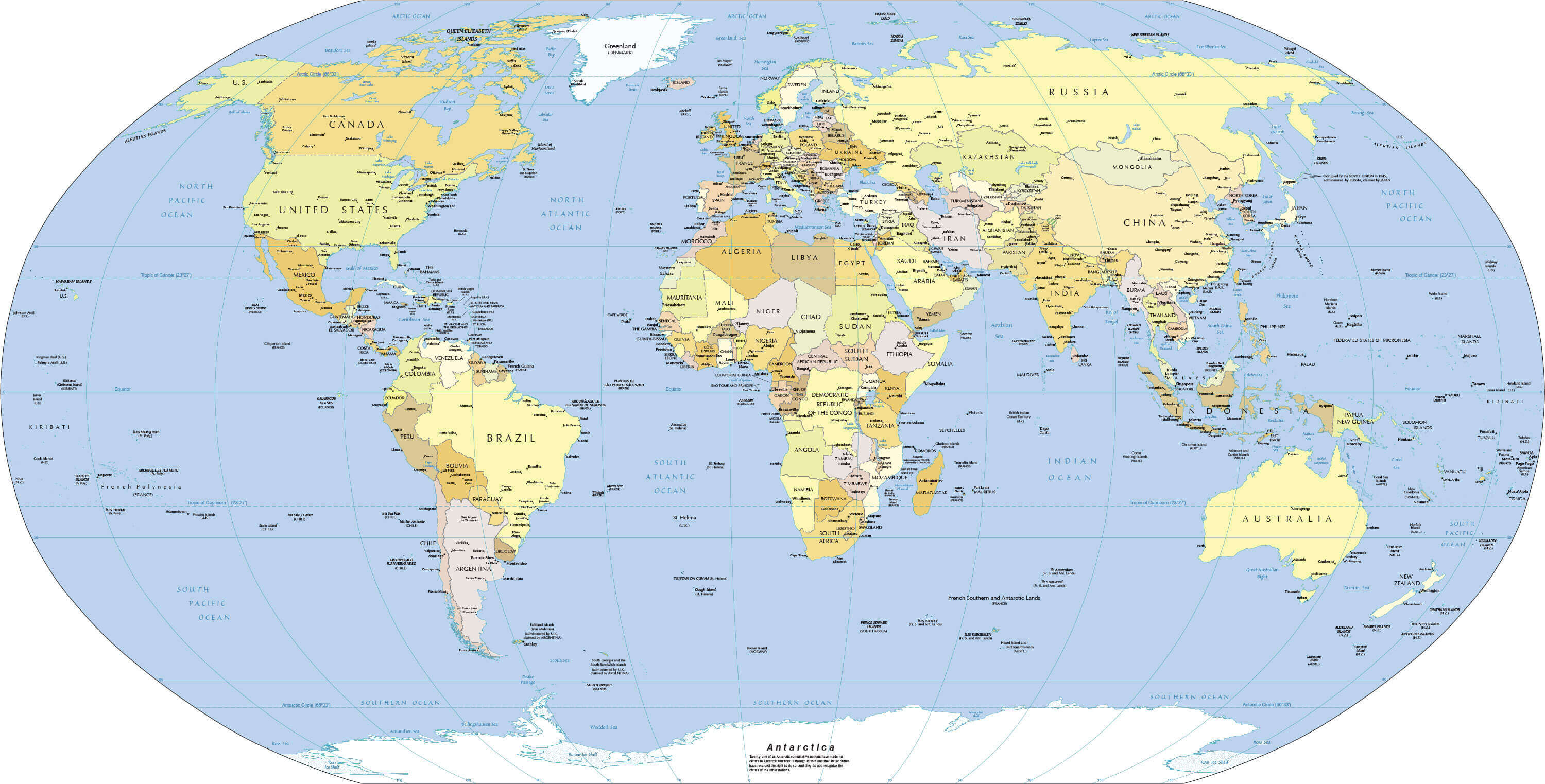 Carte politique du Monde avec pays et grandes villes