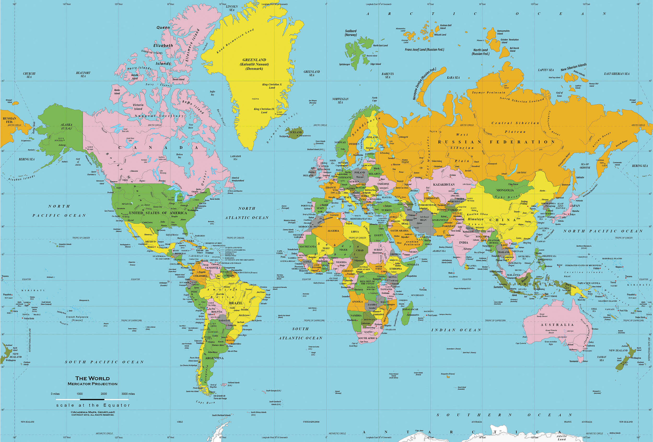 Carte politique du Monde avec pays et villes