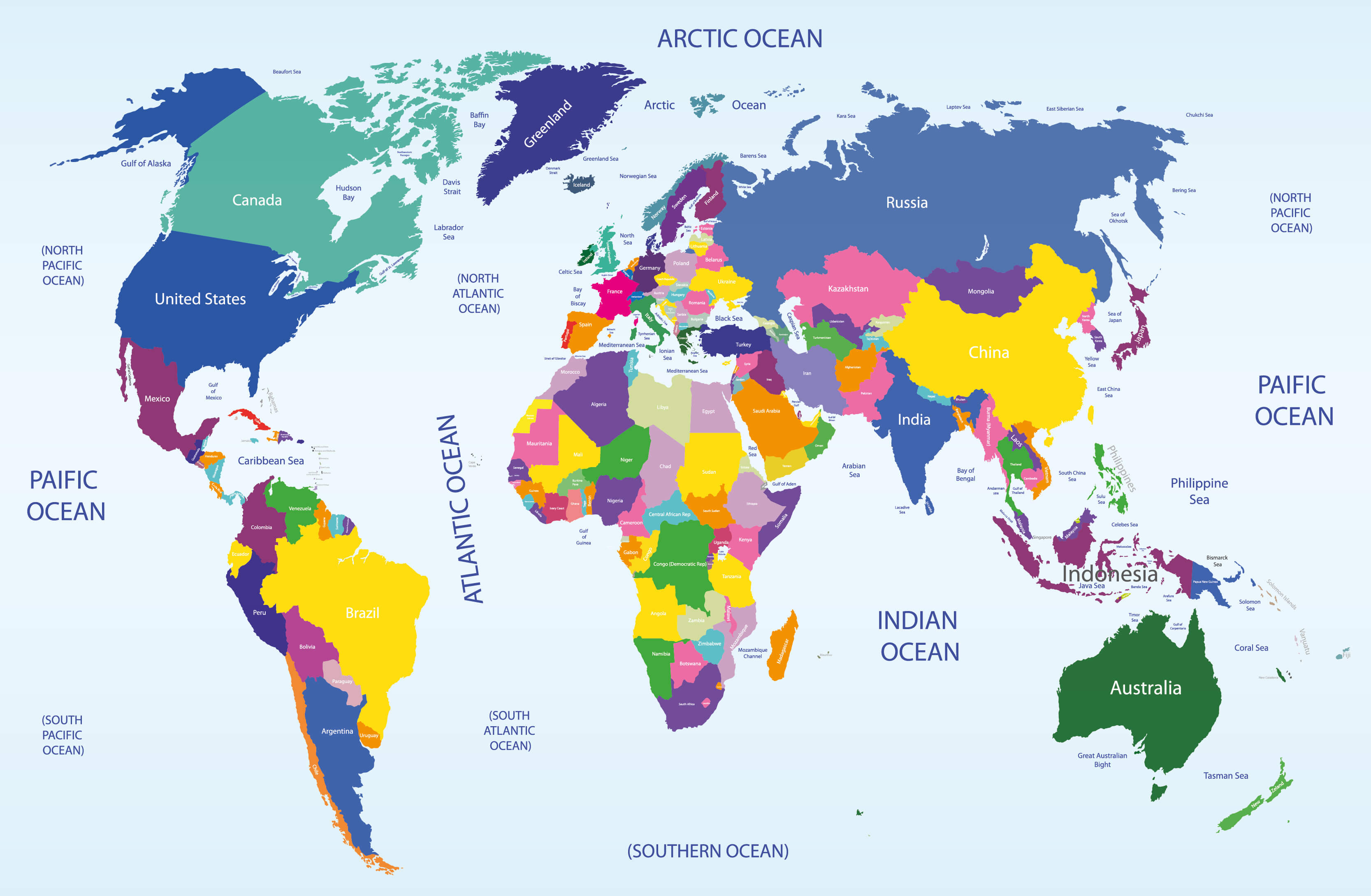 Carte politique du Monde par pays et oceans
