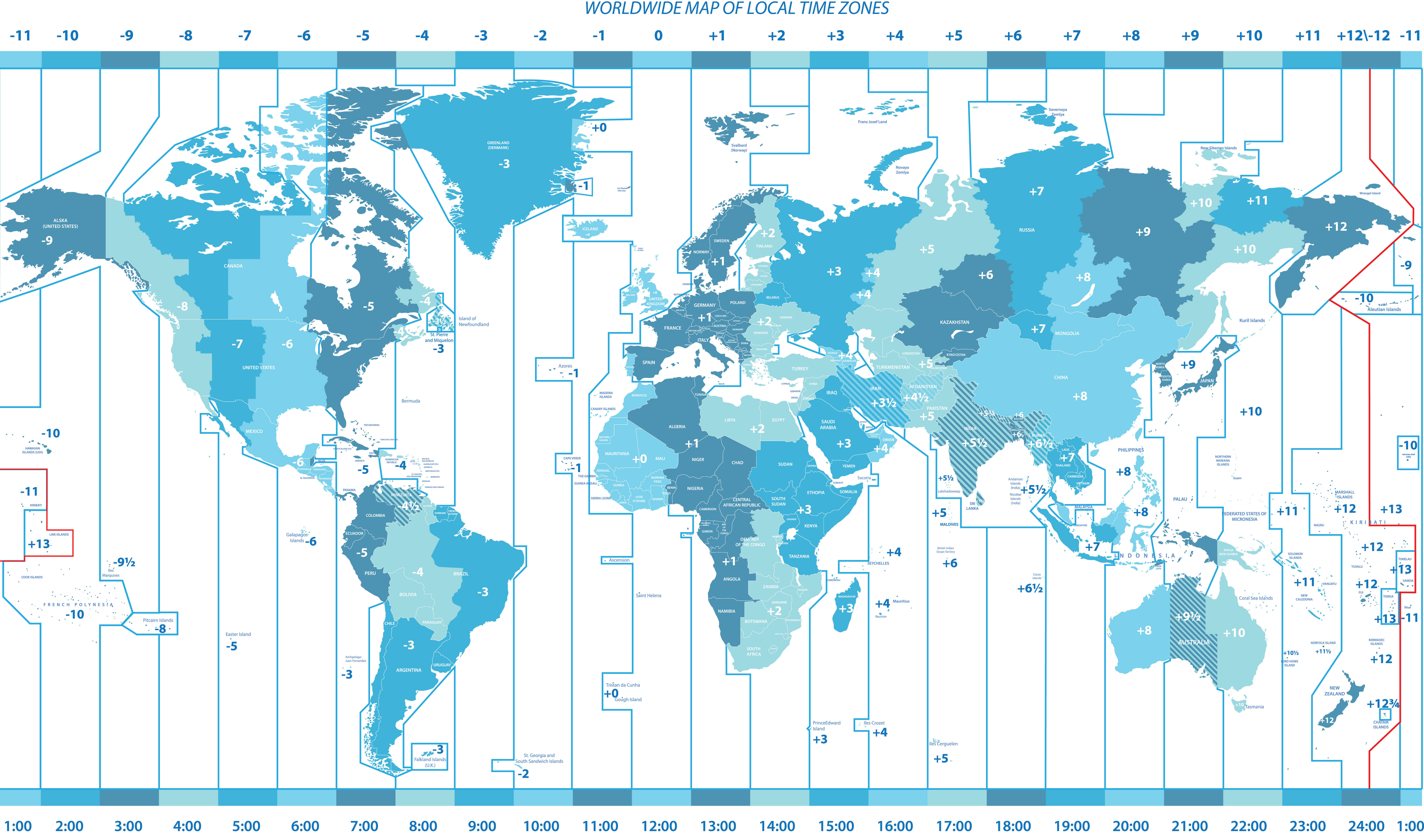 Carte politique mondiale des fuseaux horaires locaux
