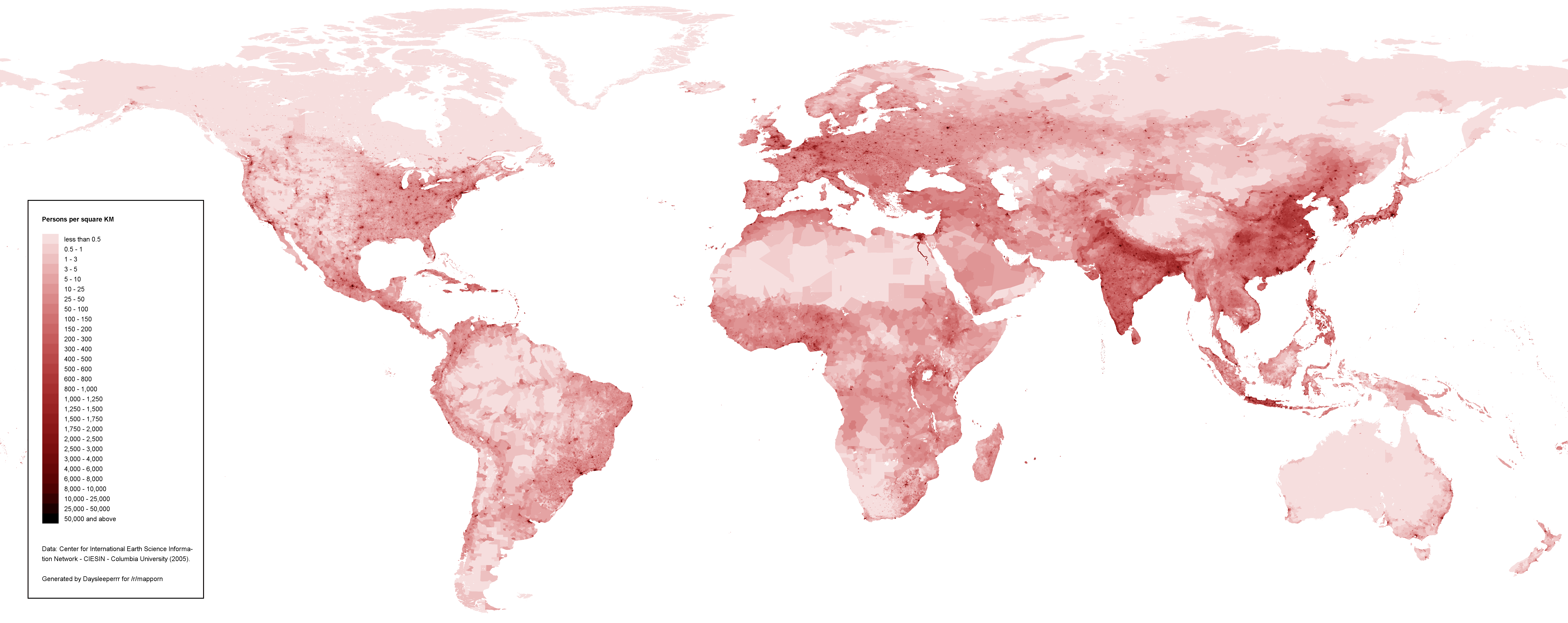 Carte densite de population humaine Mondiale