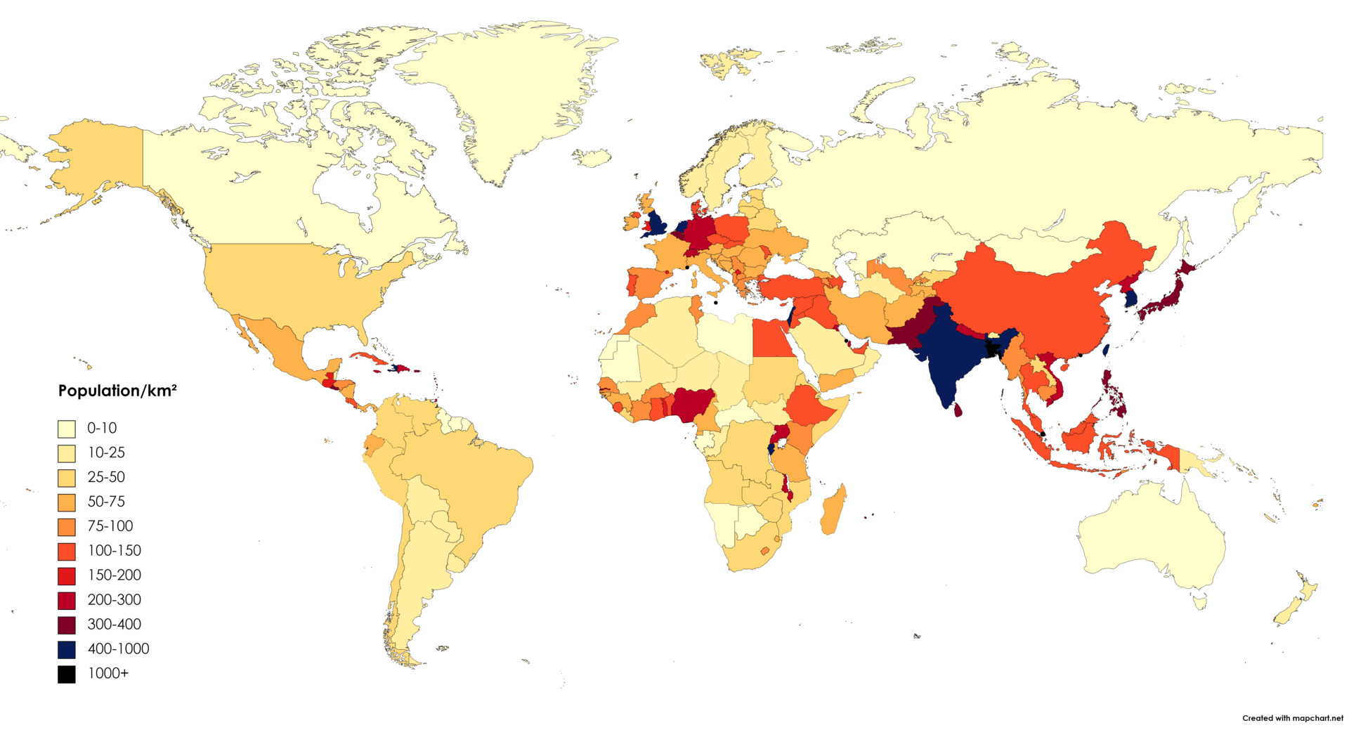 Carte densite de population Mondiale par kilometre carre