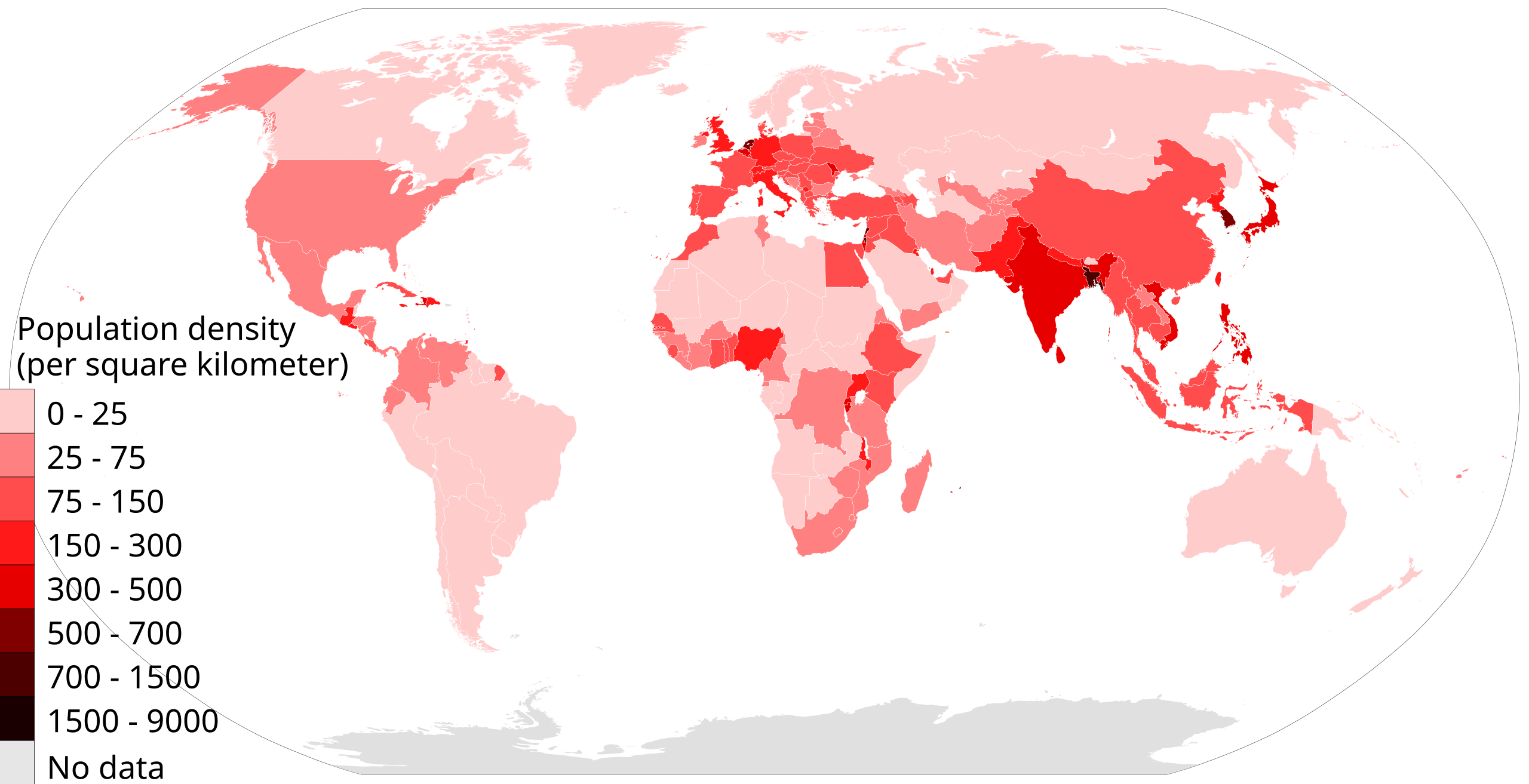 Carte densite de population par pays 2018 Monde