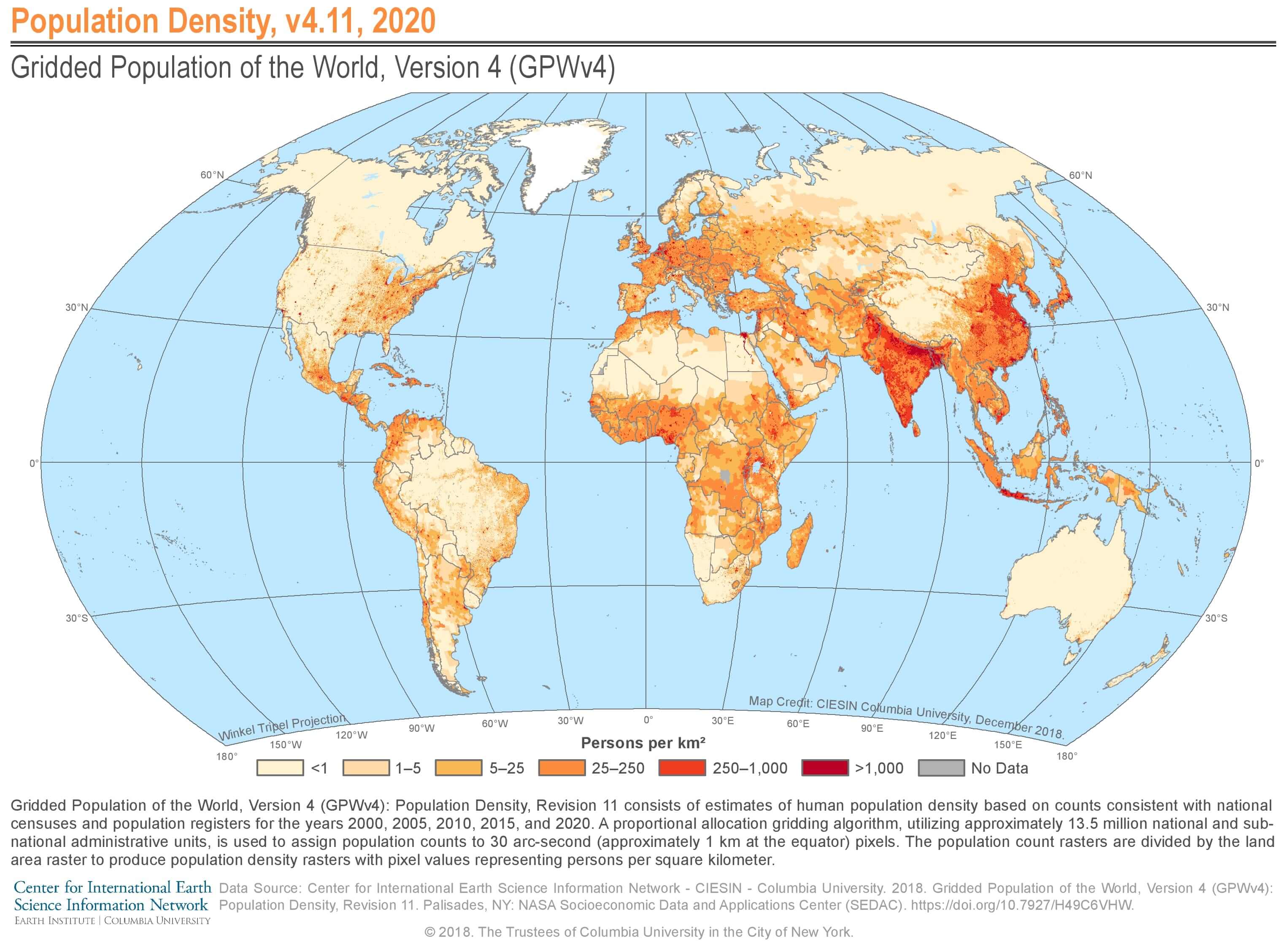 Carte densite par km2 du Monde 2020