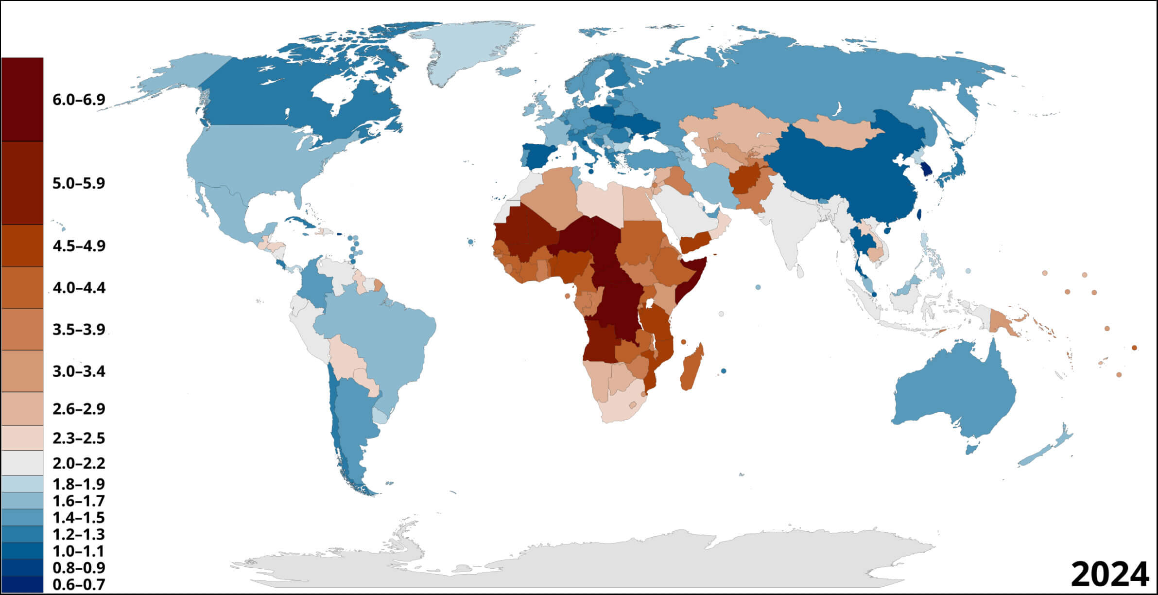 Carte du monde par taux de fécondité en 2024