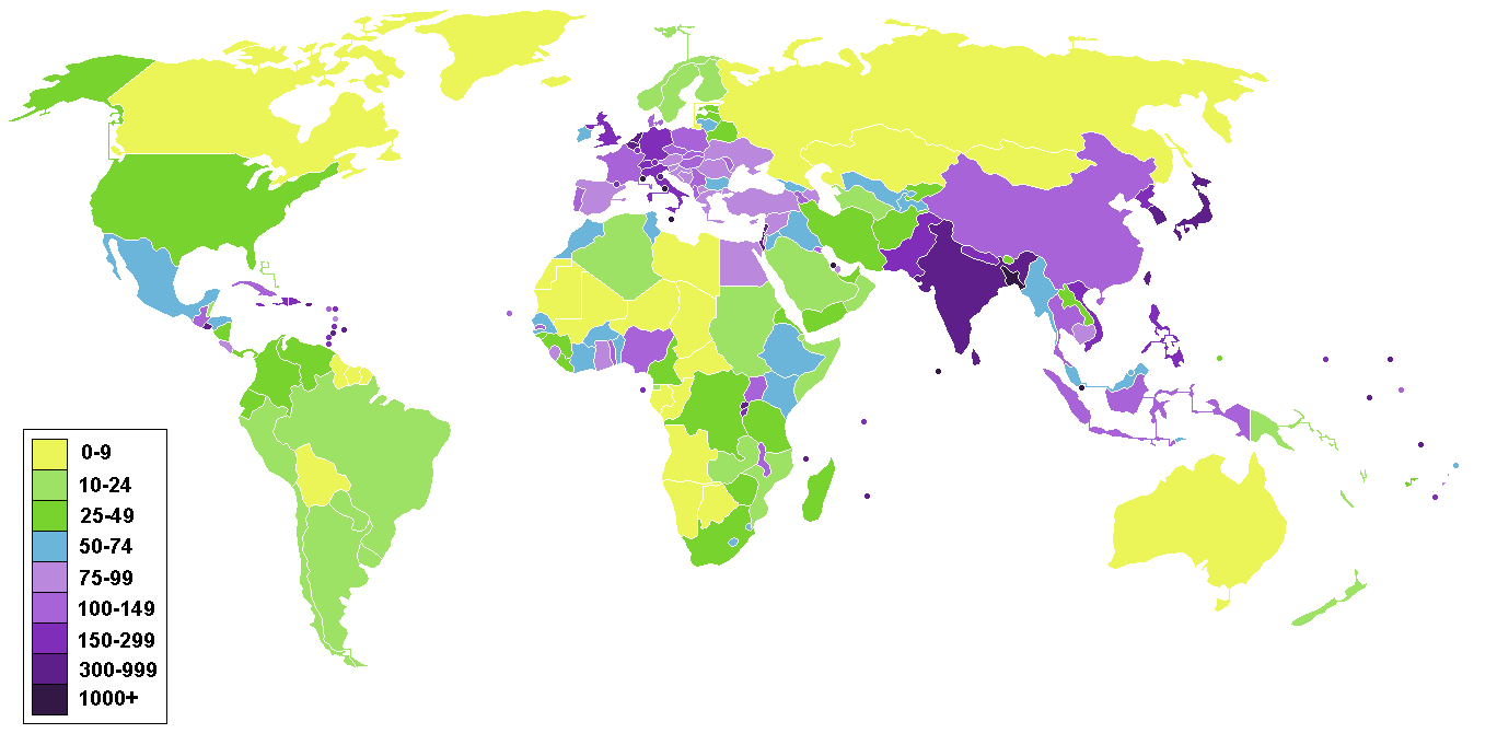 Population density map of the world by counrtries