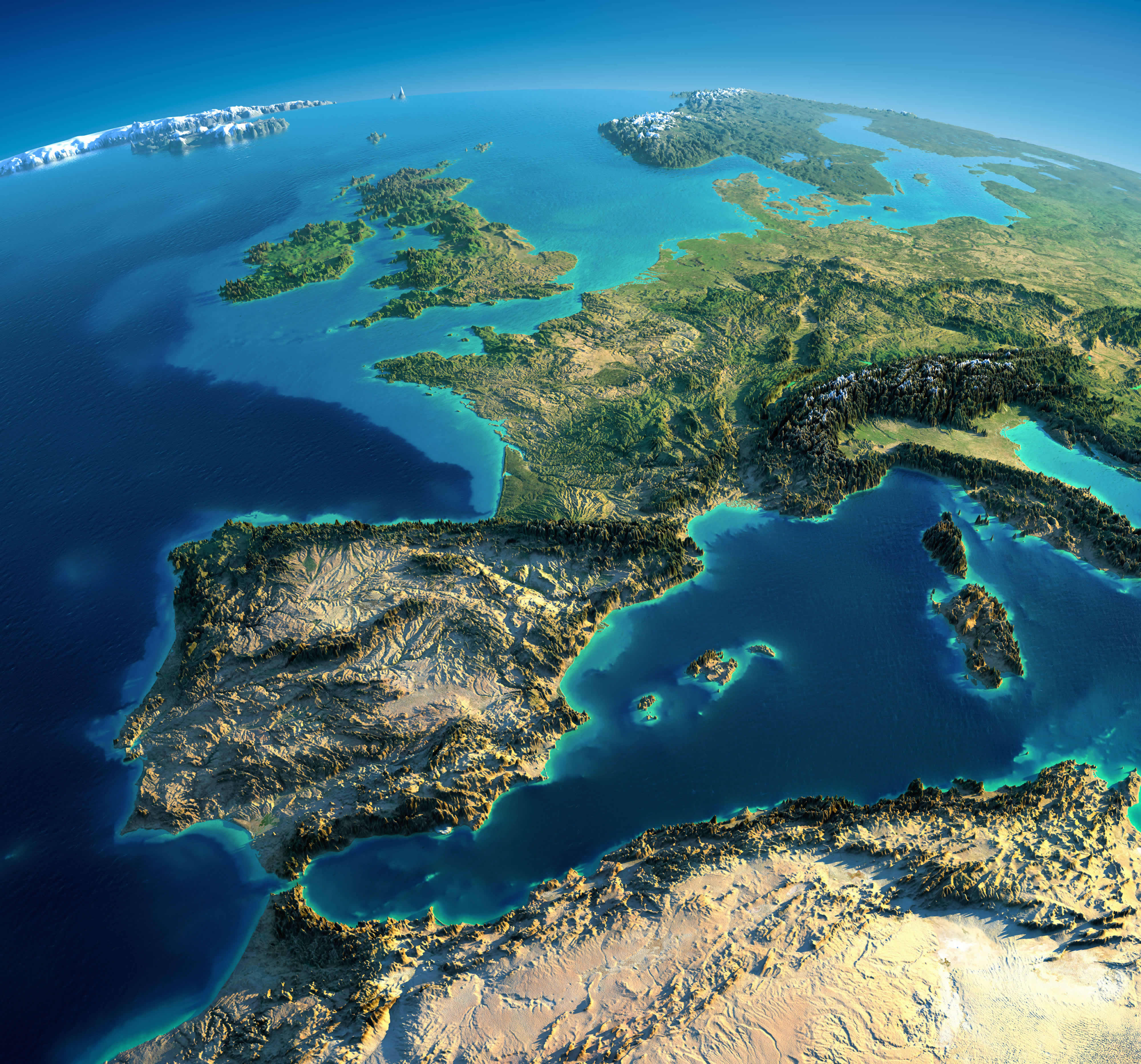 Image satellite sur Carte du Monde Europe Espagne France Italie