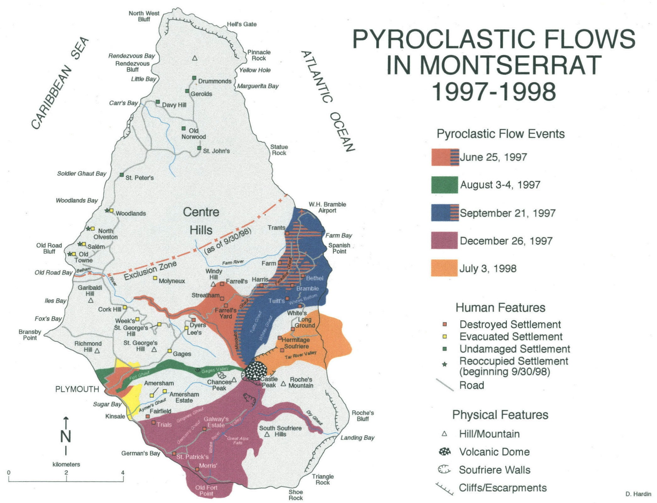 Pyroclastic flows dans Montserrat 1997 1998 carte
