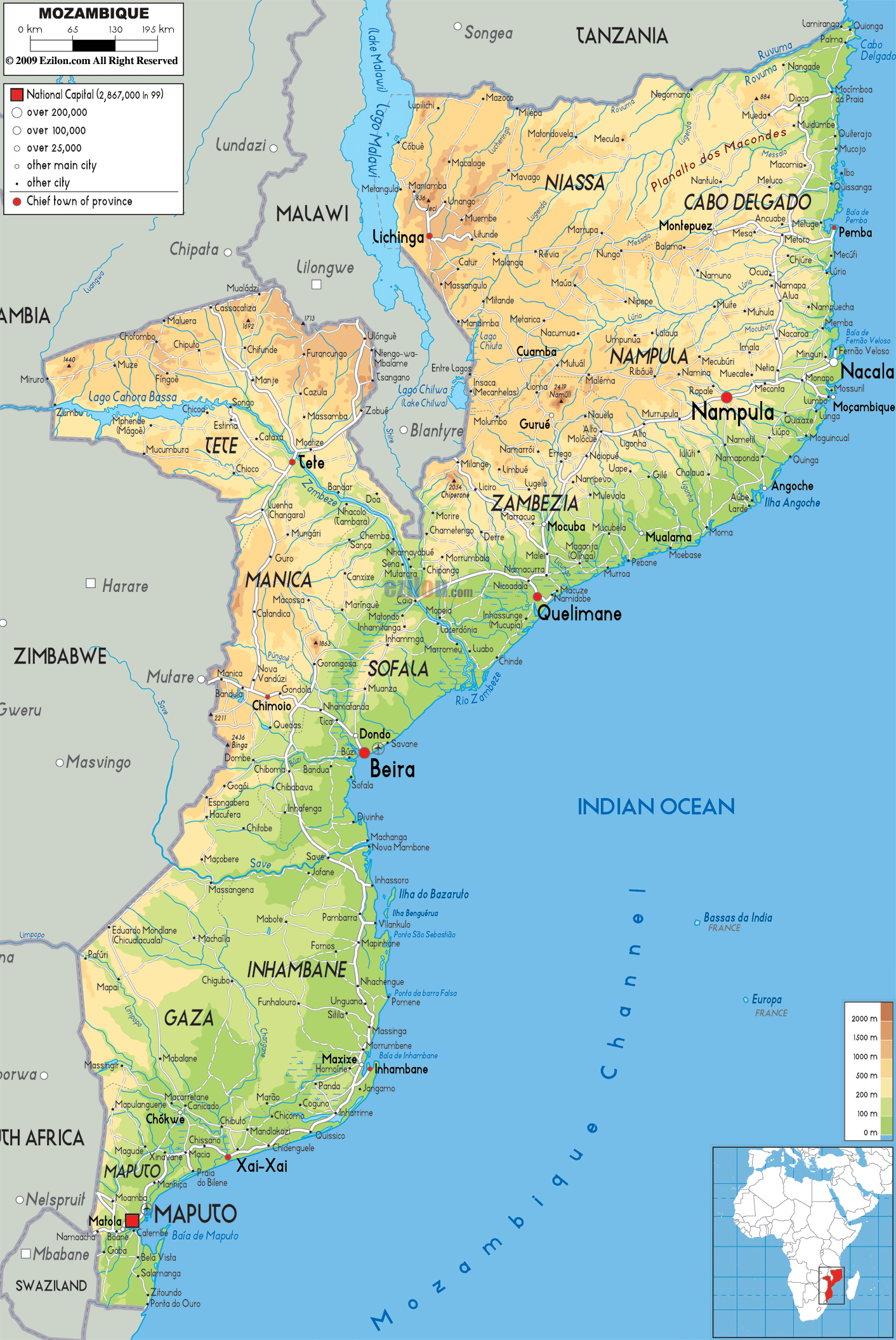 Mozambique physique carte