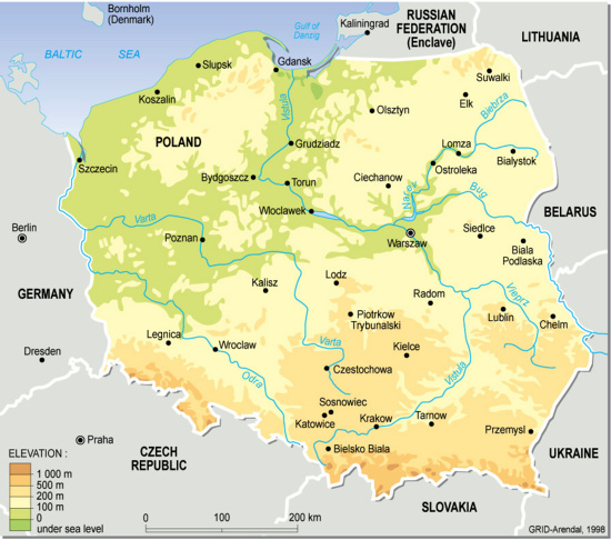 pologne Topographique carte