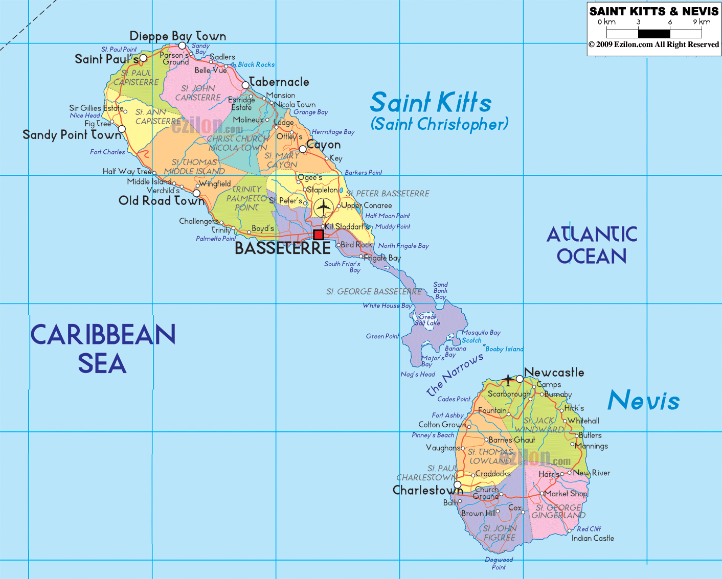 politique carte du Saint Christophe et Nieves