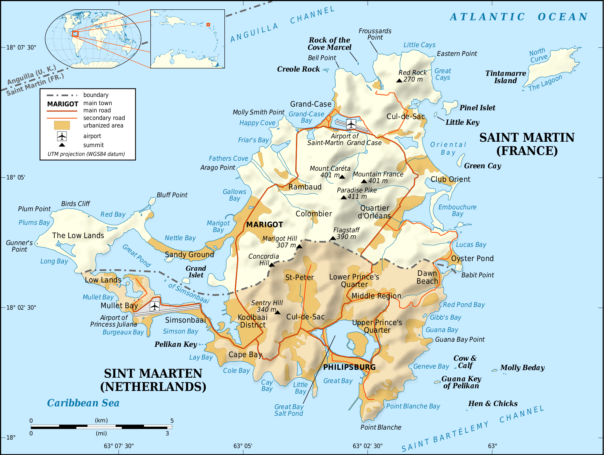 carte physique du saint martin ile