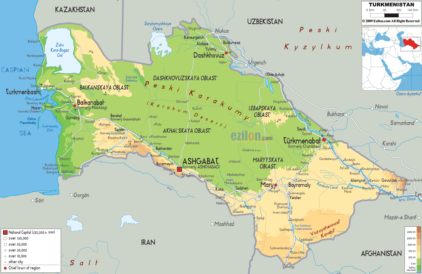 Turkmenistan physique carte