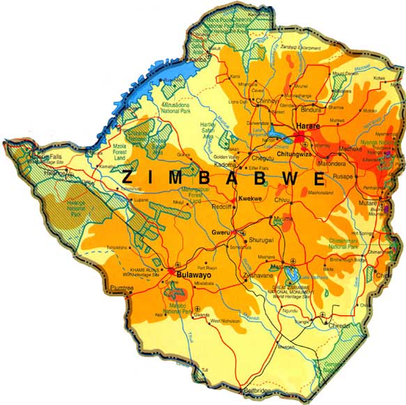 physique carte du zimbabwe