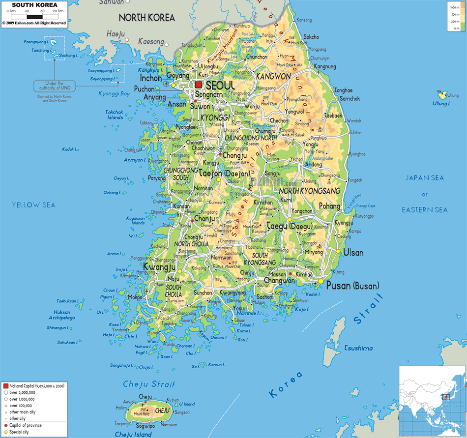 Coree du Sud physique carte